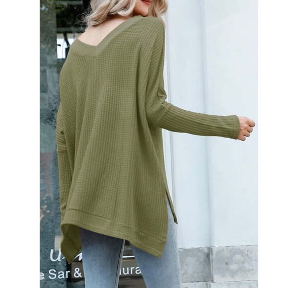 NWOT Waffle Knit High Low V-Neck Tunic M Army Green - Picture 5 of 8